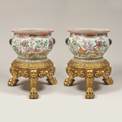 A Pair of Samson Fish Bowls in the Oriental Manner, on Giltwood Stands