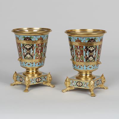 A Pair of Gilt Bronze and Champlevé Enamel Vases
