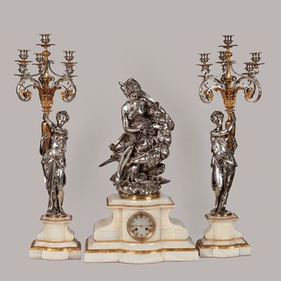 An Impressive Silvered Bronze Clock Set Depicting Hebe & Jupiter's Eagle