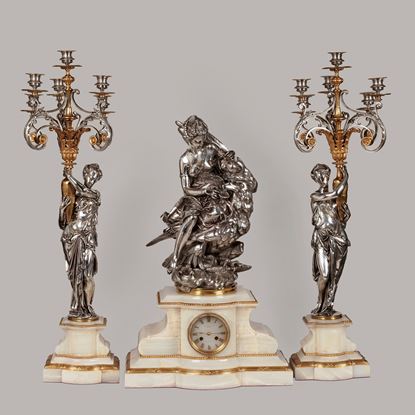 An Impressive Silvered Bronze Clock Set Depicting Hebe & Jupiter's Eagle