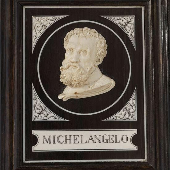 A Miniature Carved Ivory Bust of Michelangelo by Giovanni Battista Gatti