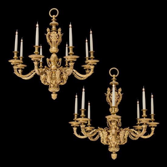 A Superb Pair of Ormolu Chandeliers Designed by André-Charles Boulle