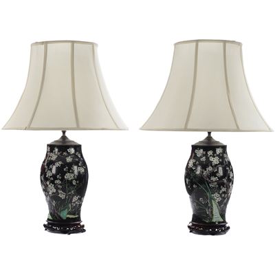 A Pair of Hand Painted Chinese Famille Noire Vase Lamps