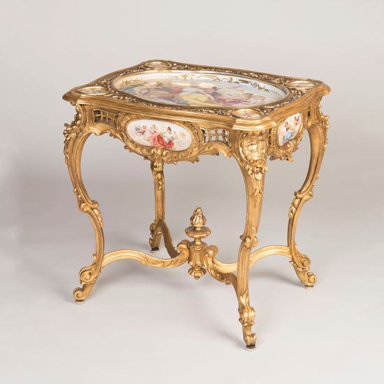 A Fine & Rare Louis XV Style Giltwood Carved Table Mounted with Hand-Painted Porcelain Panels