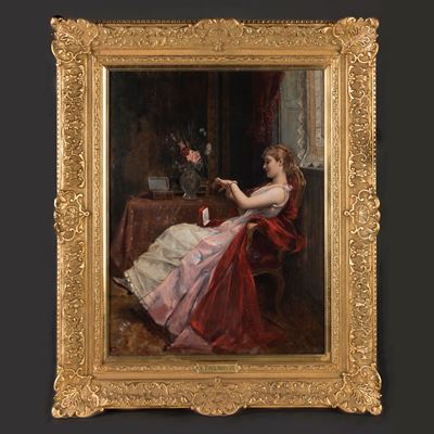 An Elegant Lady Admiring her Present By Auguste Toulmouche