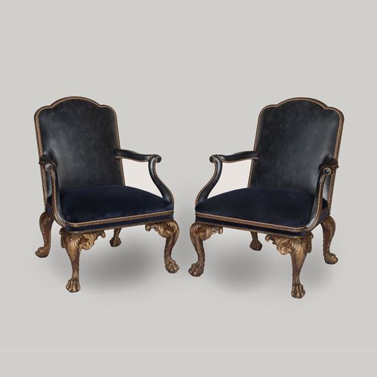 A Magnificent Pair of George II Style  Walnut & Parcel Gilt Armchairs