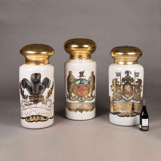 A Set of Three Very Large Hand-Painted Apothecary Jars 