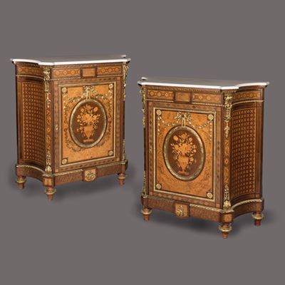 A Fine Pair of Louis XVI Style Marquetry Inlaid Meubles d'Appui