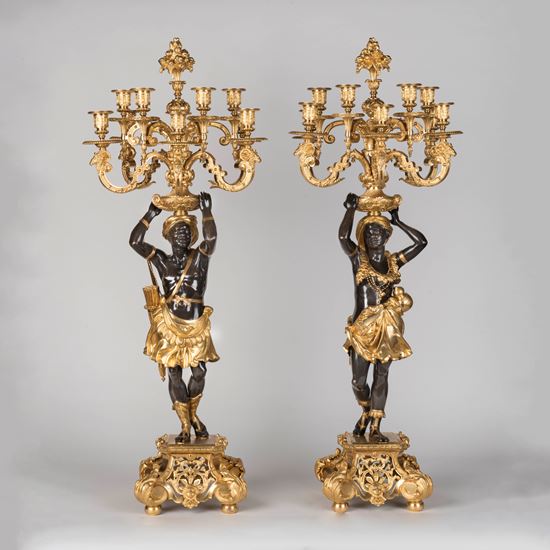 An Important Pair of Patinated & Gilt bronze Figural Candelabra by Denière of Paris & Henri Picard