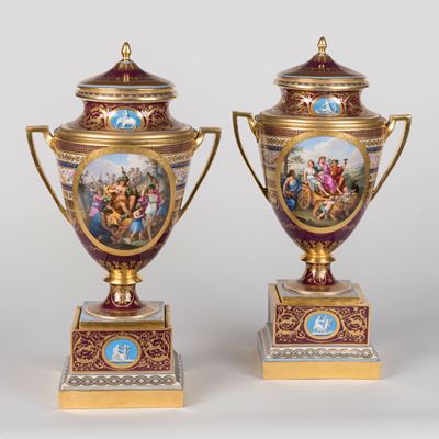 A Rare and Finely Decorated Pair of Porcelain  Ice cream Pails on Stands