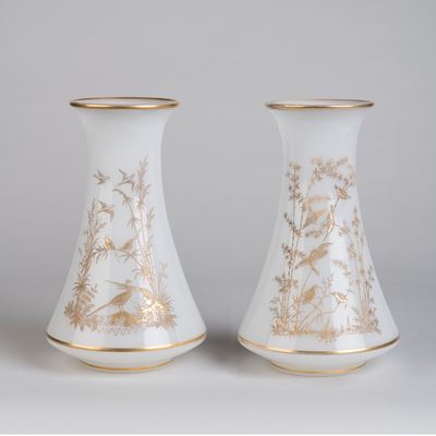 A Pair of Gilt White Opaline Vases  by Baccarat