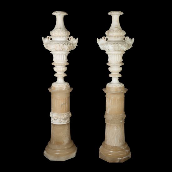 A Pair of Italian Carved Alabaster Ornamental Vases on Pedestals