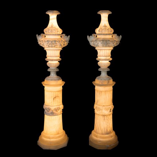 A Pair of Italian Carved Alabaster Ornamental Vases on Pedestals