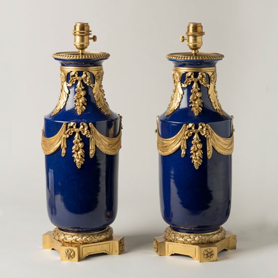 A Pair of Ormolu-Mounted Blue Porcelain Lamps In the Louis XVI Style