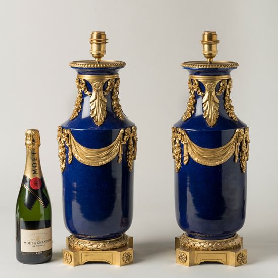 A Pair of Ormolu-Mounted Blue Porcelain Lamps In the Louis XVI Style