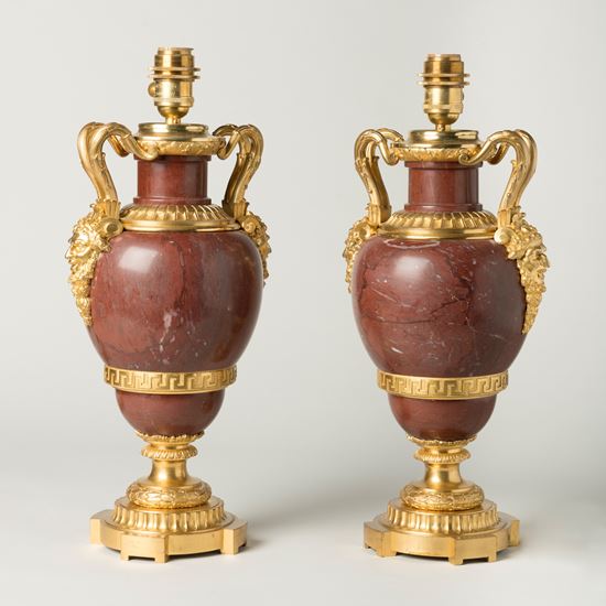 A Pair of French Ormolu-Mounted Red Marble Lamps
