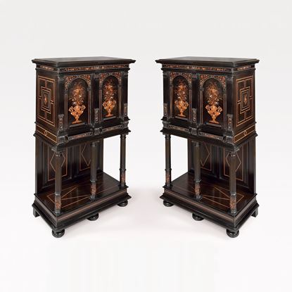 An Important Pair of Ebony, Ivory Inlaid and Marquetry Cabinets in the Louis XIII Manner Attributable to Charles Hunsinger
