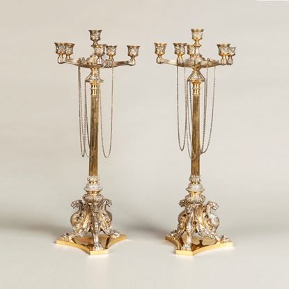 A Pair of Plated and Parcel Gilt Candelabra by Elkington and Co