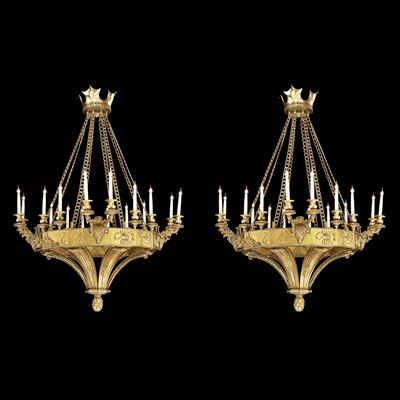 A Pair of Sixteen Light Ormolu Chandeliers in the Gothic Manner