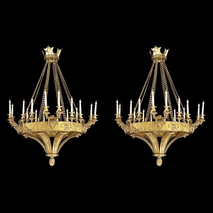 A Pair of Sixteen Light Ormolu Chandeliers in the Gothic Manner