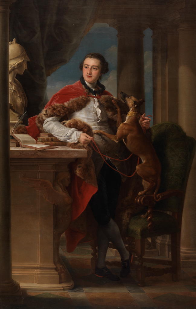 Full-length 18th-century oil portrait of an aristocrat in a fur-trimmed red cloak. He leans on a sphinx-carved desk with books and a greyhound, set against classical columns and a marble bust.