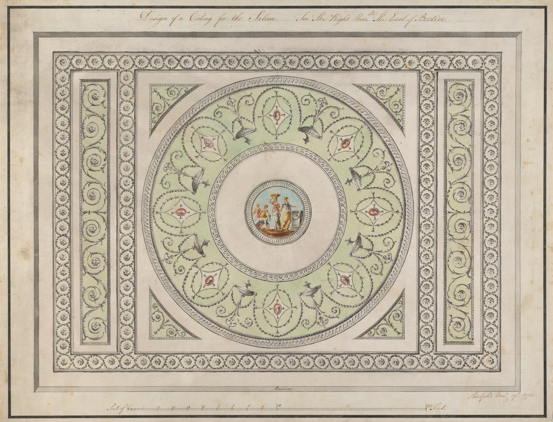 Neoclassical architectural drawing by Robert Adam for Headfort House saloon ceiling. Features a central medallion with figures, radiating pale green decorative panels, and elaborate scrolling foliate borders in a rectangular frame.