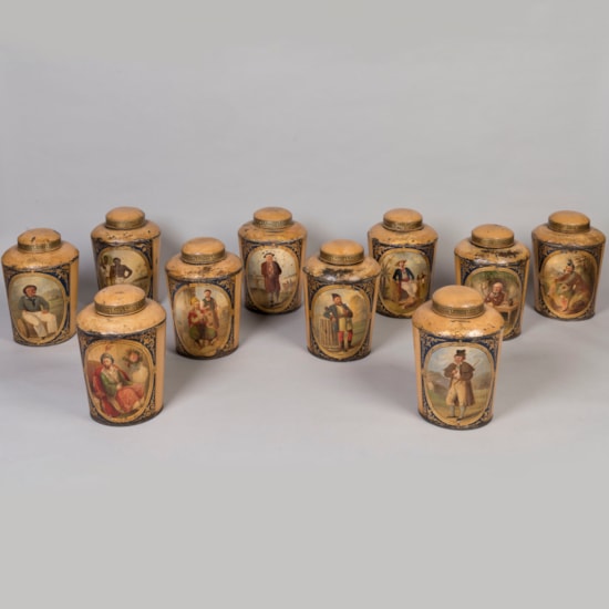 A Very Rare Set of 10 Large Painted Tobacco Jars