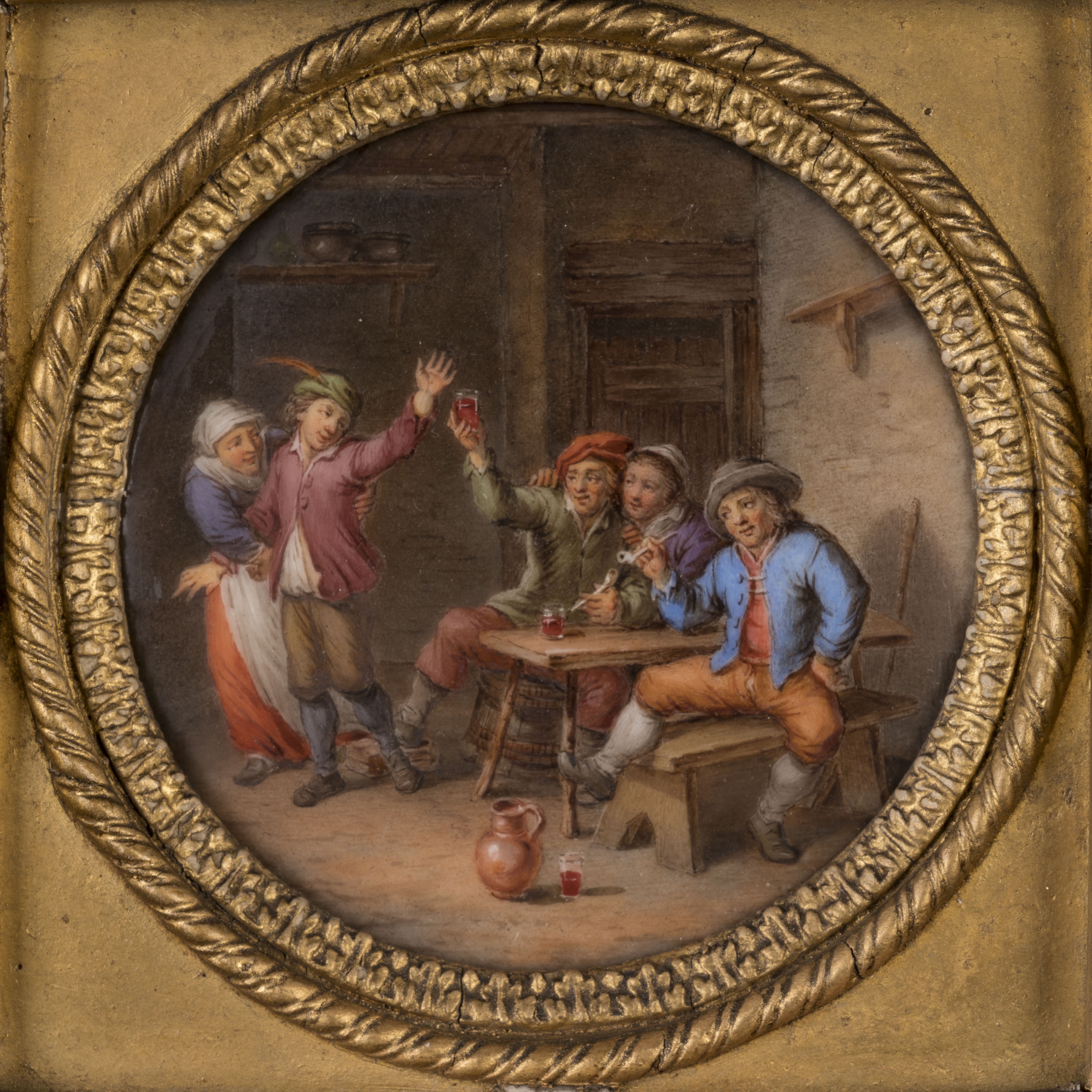 A Fine Pair of Framed Circular Porcelain Plaques After David Teniers by Feuillet