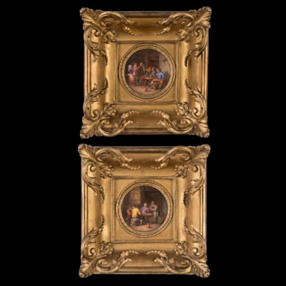 A Fine Pair of Framed Circular Porcelain Plaques After David Teniers by Feuillet