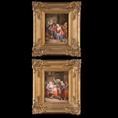 A Fine Pair of Framed Porcelain Plaques Of Tavern Scenes By Jean-Pierre Feuillet