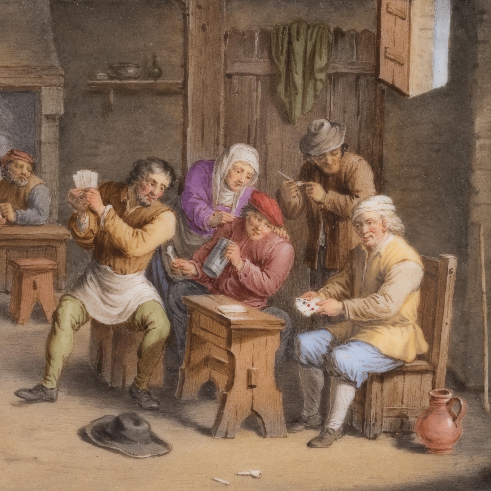 A Large Pair of Framed Porcelain Plaques Of Tavern Scenes By Jean-Pierre Feuillet