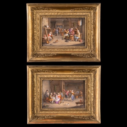 A Large Pair of Framed Porcelain Plaques Of Tavern Scenes By Jean-Pierre Feuillet
