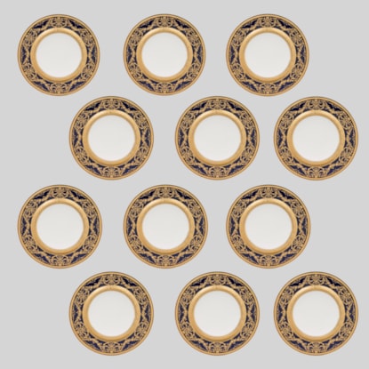A Fine Set of 12 Blue & Gilt Porcelain Dinner Plates