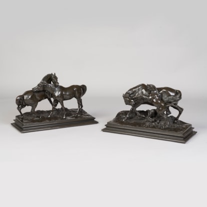 A Pair of Bronzed Electrotype Equestrian Groups By Pierre-Jules Mêne