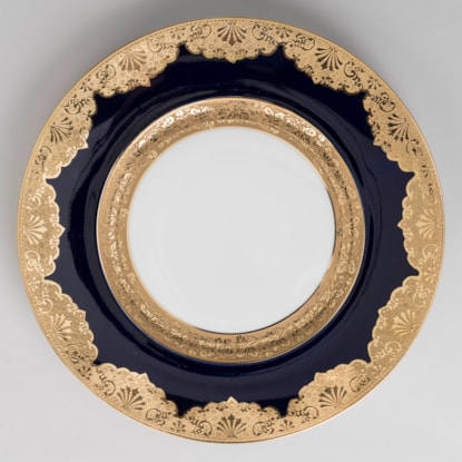 A Set of 12 Limoges Porcelain Blue & Gilt Porcelain Dinner Plates By Alfred Lanternier