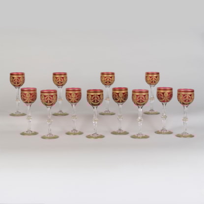 Set of 12 Red and Gilt Crystal Stemmed Glasses