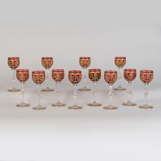 Set of 12 Red and Gilt Crystal Stemmed Glasses