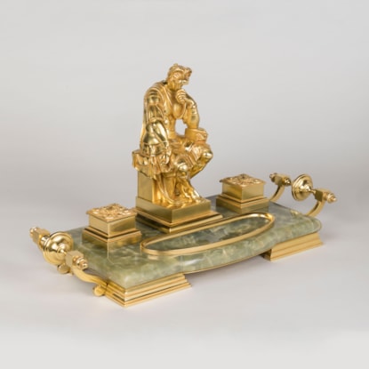 A Fine Gilt Bronze and Onyx Inkwell Surmounted by Michelangelo’s Lorenzo de Medici