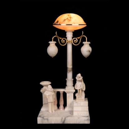 An Italian Art Deco Figural Alabaster Table Lamp of Pierrot and Colombina