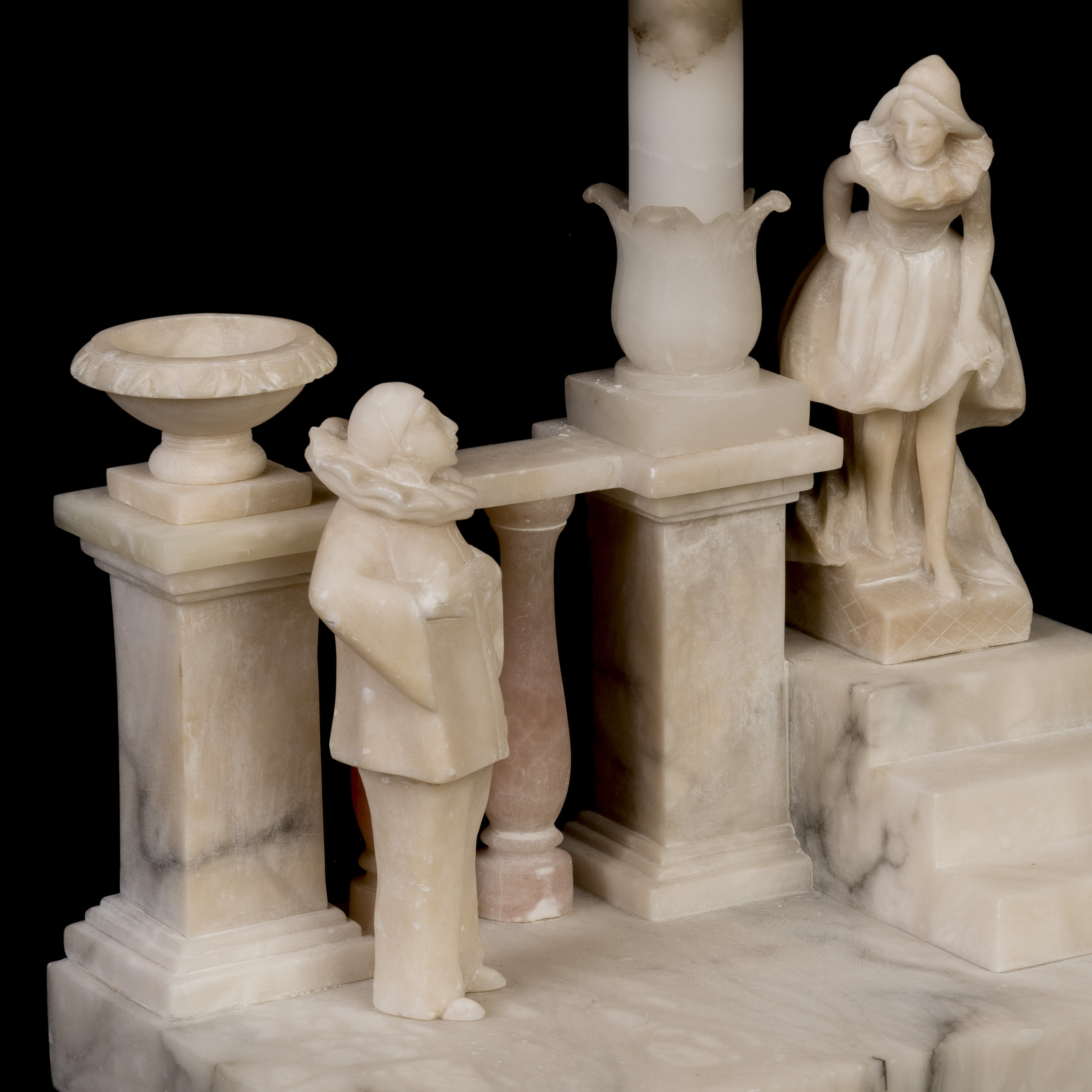 An Italian Art Deco Figural Alabaster Table Lamp of Pierrot and Colombina