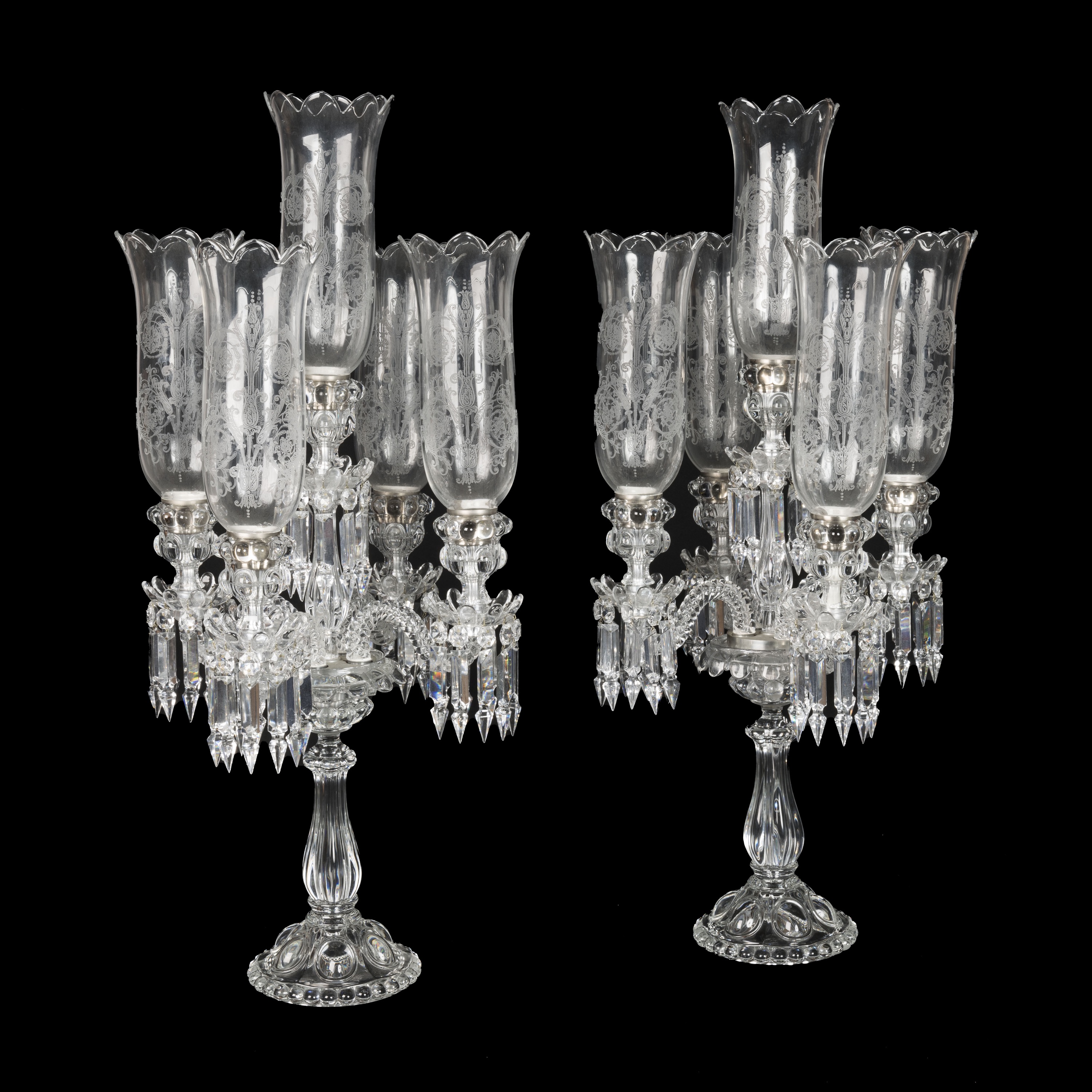 A Pair of Large Moulded and Cut Glass 5-Light Table Candelabra By Baccarat