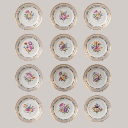 Set of 12 Reticulated Hand-Painted KPM Porcelain Plates