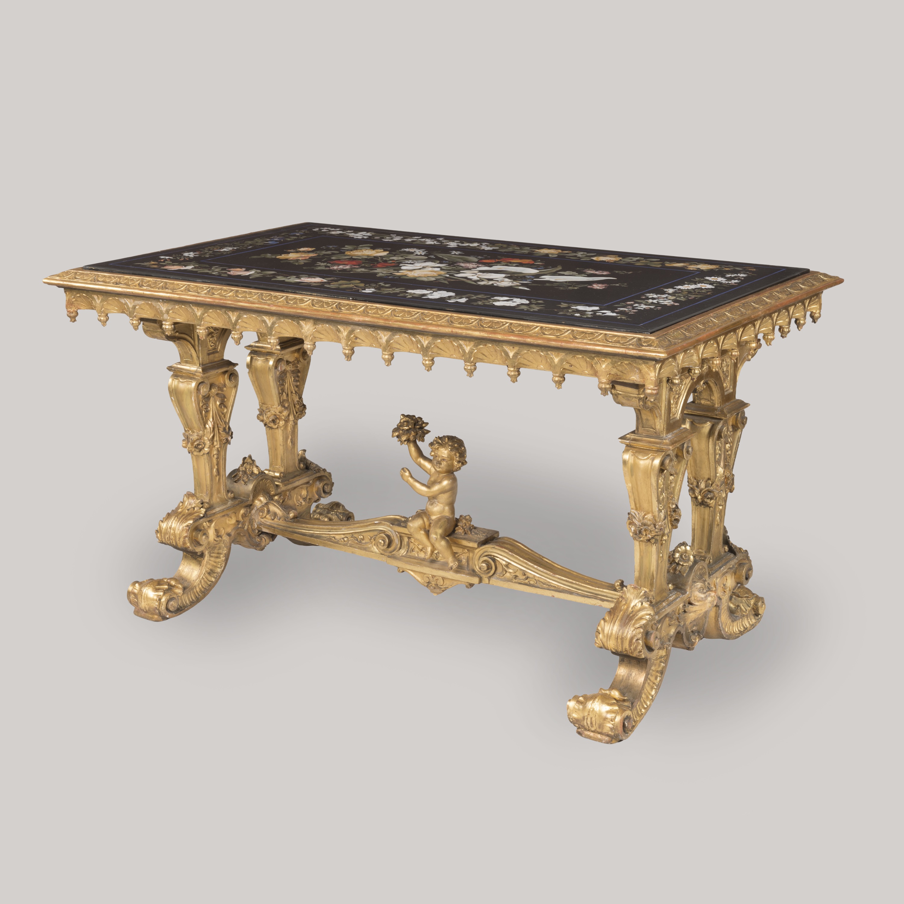 A Large & Exquisite Florentine Pietra Dura Table Top On a Giltwood Base