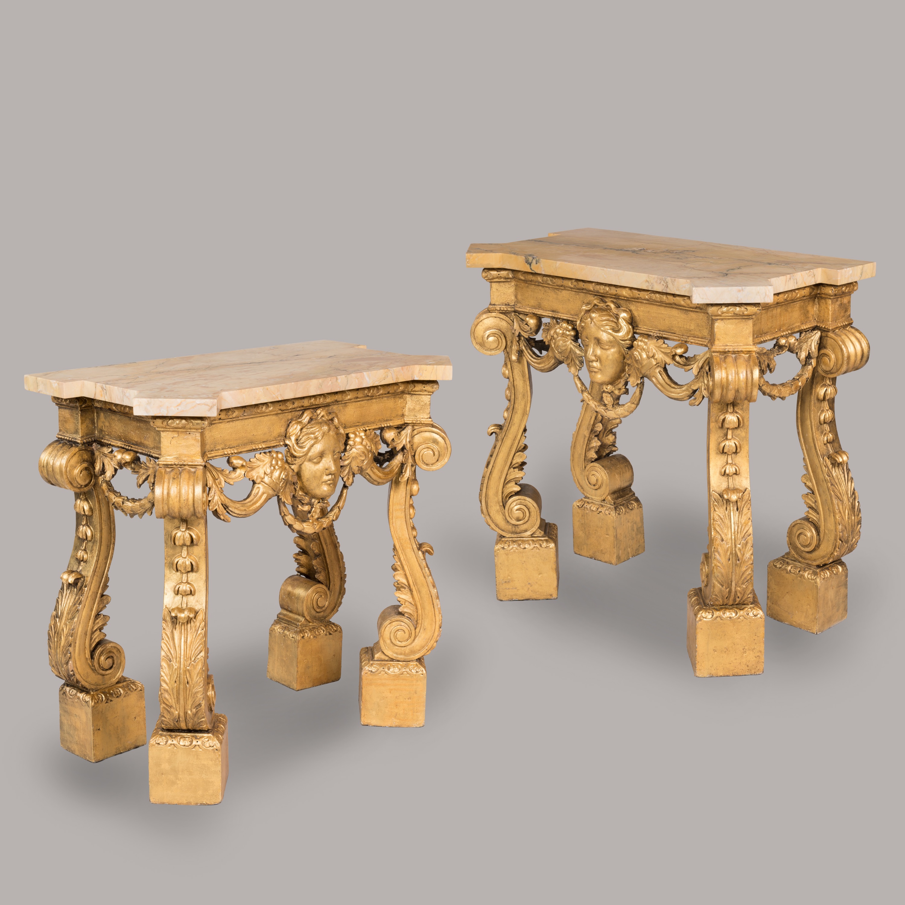 A Pair of Sienna Marble Top Console Tables After the design of William Kent