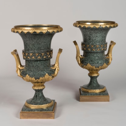 A Large Pair of Ormolu-Mounted Green Granite Vases