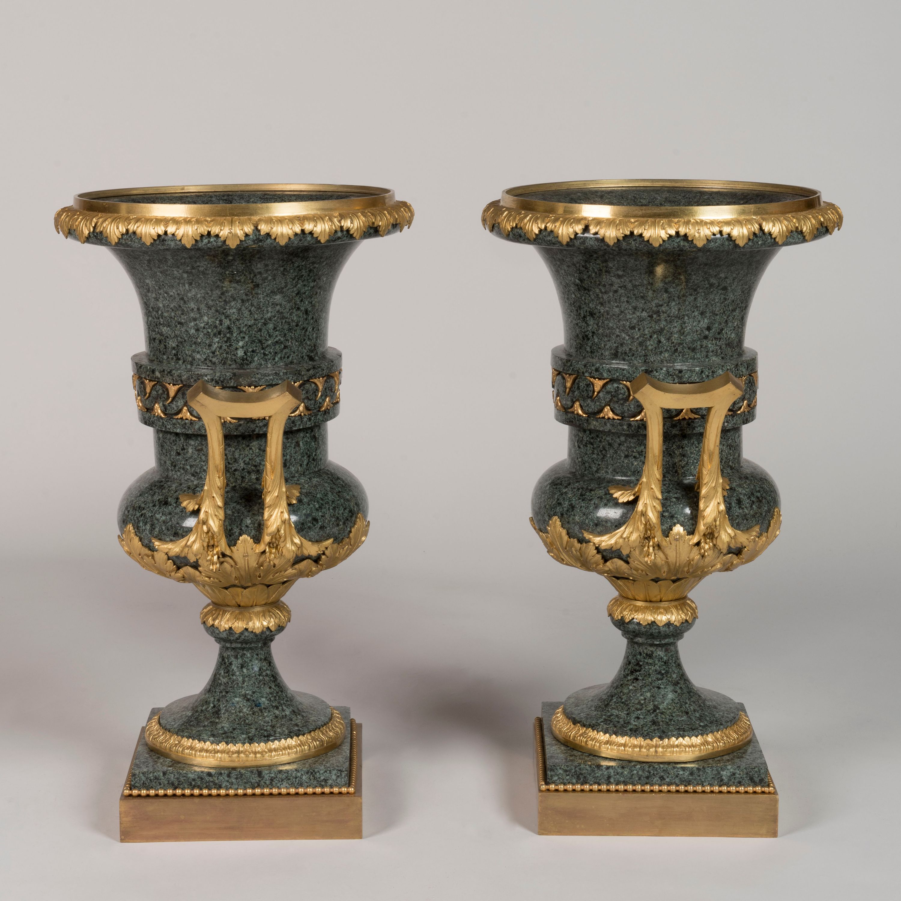 A Large Pair of Ormolu-Mounted Green Granite Vases