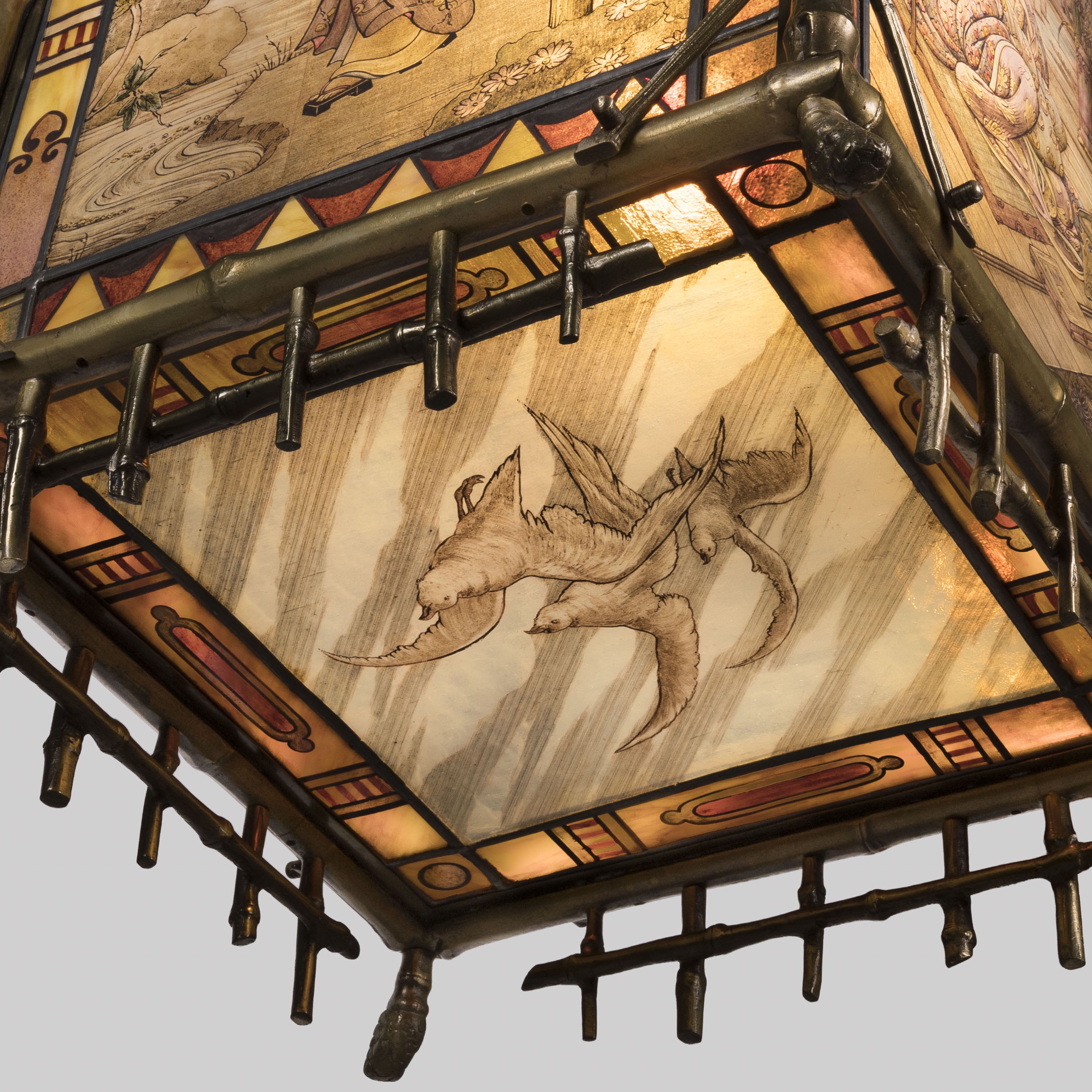 A Large Brass & Painted Glass Hall Lantern In the Japanese Manner