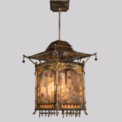 A Large Brass & Painted Glass Hall Lantern In the Japanese Manner