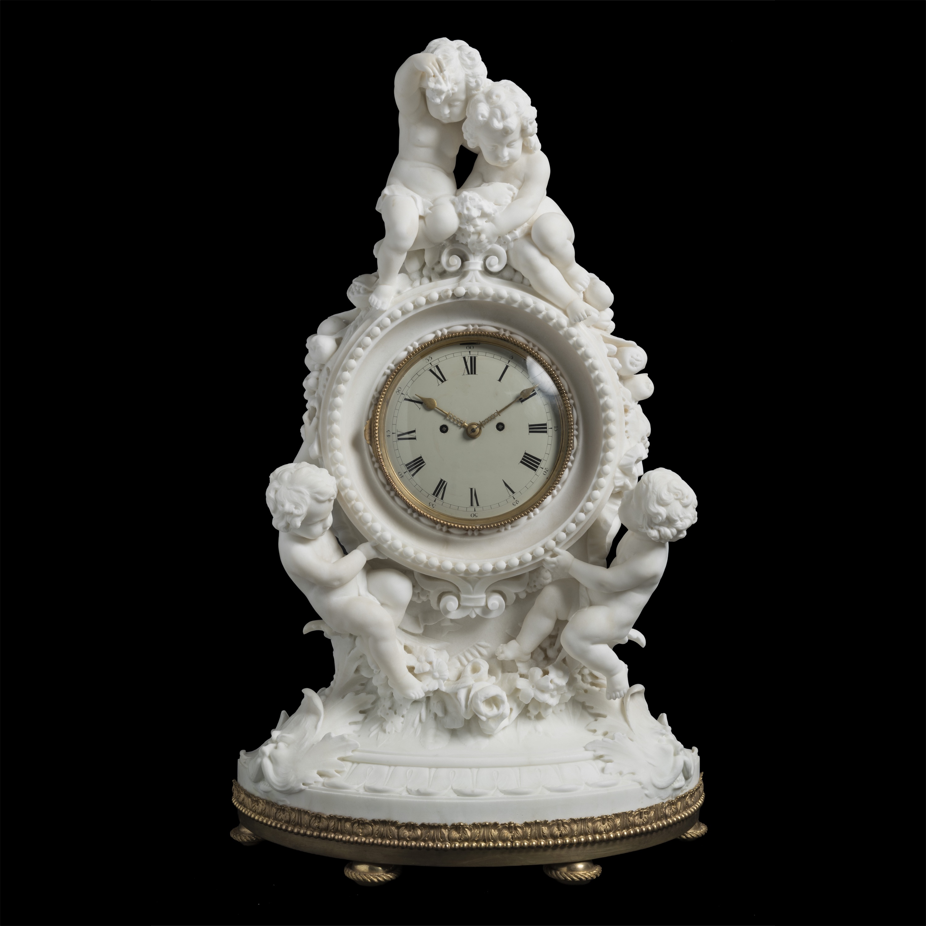 A Grand White Marble French Mantle Clock In the Louis XVI Style
