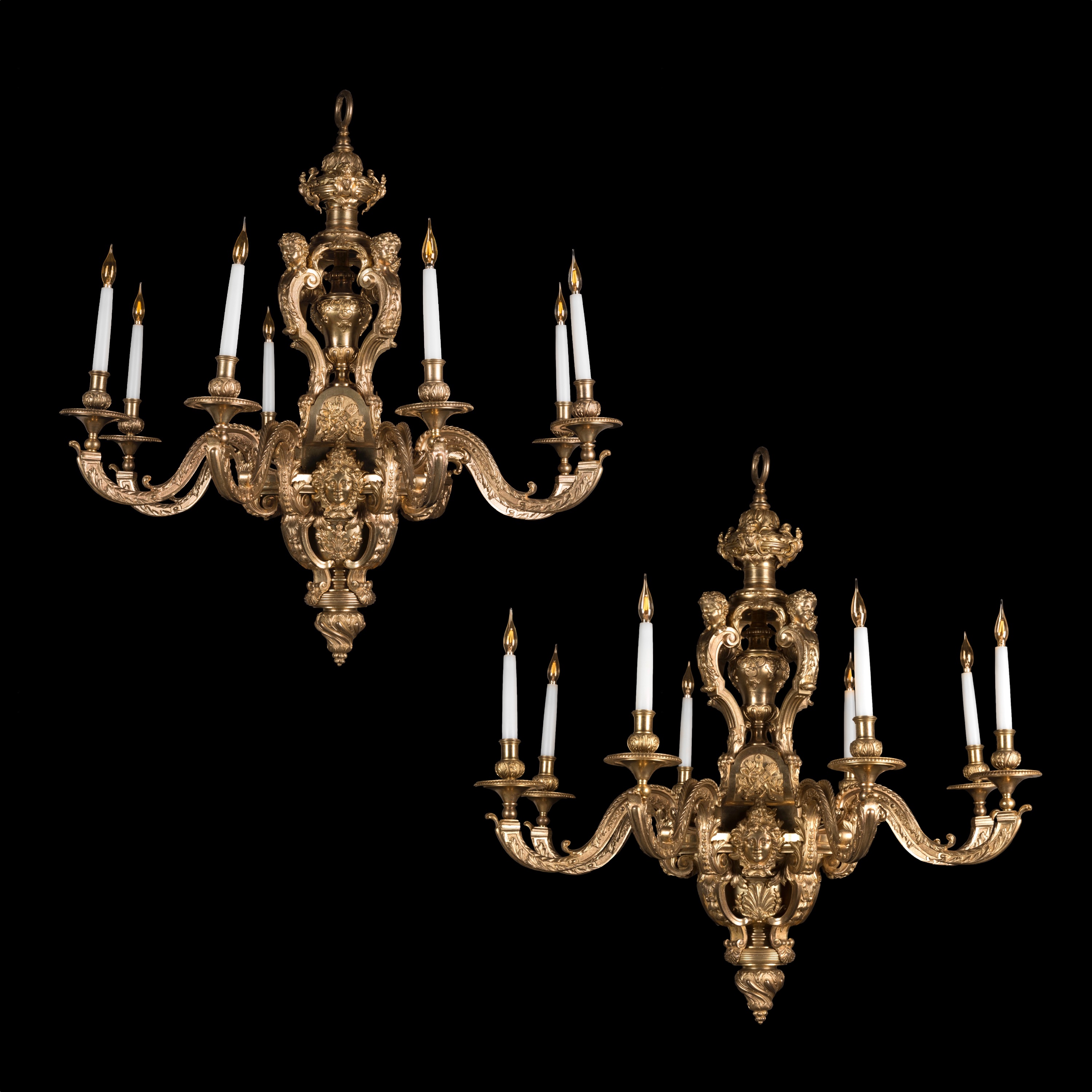 A Pair of French 8-Light Chandeliers In the manner of André-Charles Boulle